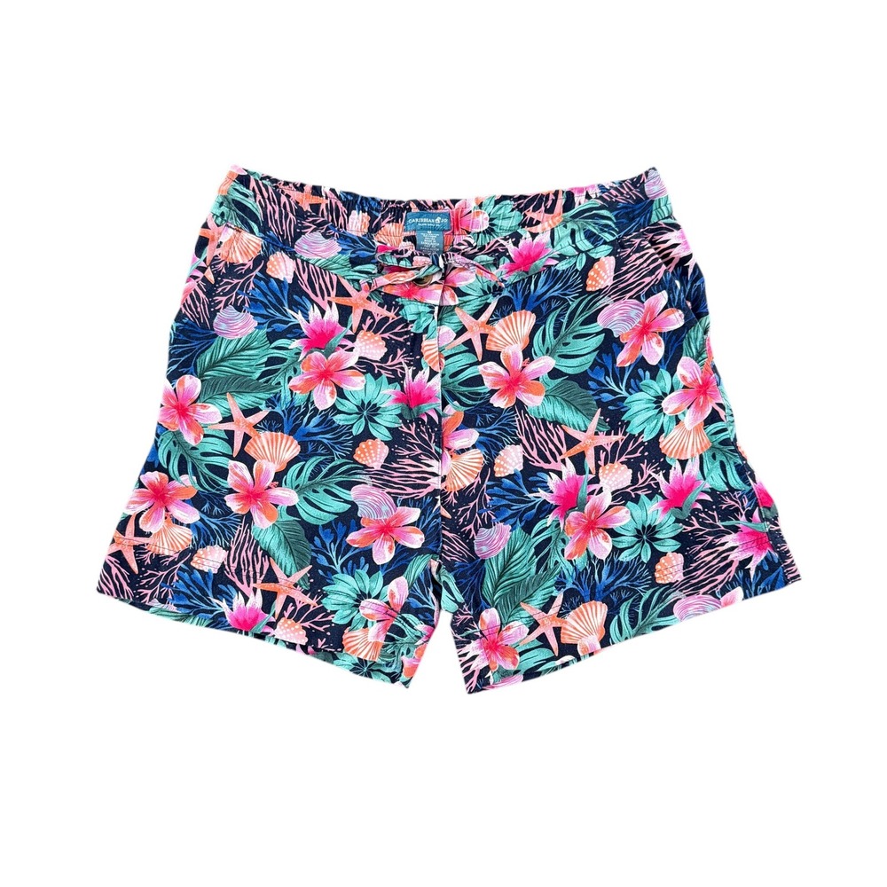 Caribbean Joe Tropical Floral Pull-On Shorts Size Medium Multicolor Resortwear